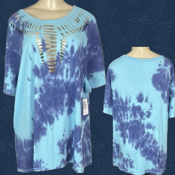 Torrid +3 Blue Tie-Dye Crew Neck Slashed Front Detail Cotton Short Sleeve Tee - Picture 1 of 6
